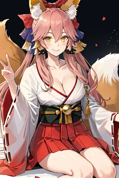 best quality, masterpiece, highres, solo, {white kimono:1.35}, {red hakama:1.35}, {wide sleeves:1.20}, {tamamo_no_mae_fgo:1.15}, animal_ears, fox_ears, pink_hair, yellow_eyes, long_hair, breasts, large_breasts, animal_ear_fluff, fox_tail, tail, cleavage, blush, fox_girl, smile, bow, collarbone, hair_between_eyes, bangs, hair_bow, hair_ribbon