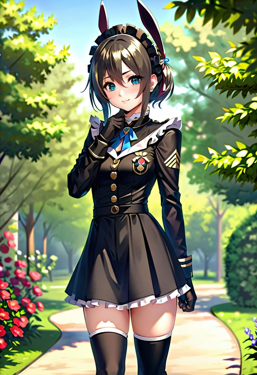 solo, 1girl, annette (boga), default, twintails, eyepatch, mini hat, black headwear, military uniform, black dress, epaulettes, long sleeves, buttons, frills, black boots, smile, looking at viewer, standing, garden, blue sky, sunlight, outdoors, full body, <lora:OrangeMaru-1:1>