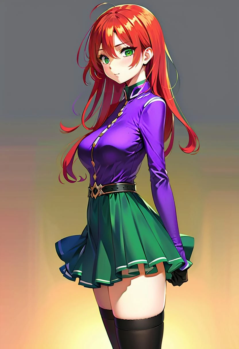 masterpiece, highly detailed, beautiful BREAK 1girl, green eyes, red hair, purple dress, profile, legs focus, garterbelt, looking at viewer, adjusting hair, cowboyshot, <lora:OrangeMaru-1:1>