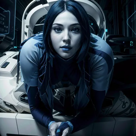 CortanaH, 1girl, realistic, hologram, holographic interface, science fiction, solo, short hair, colored skin, blue skin, blue theme, contrapposto, blue hair, blue eyes, lips, bodysuit, digital dissolve, navel, gloves
<lora:epi_noiseoffset2:1>,   <lora:CortanaH:0.7>,