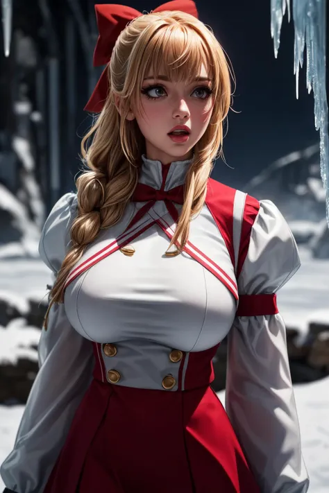 Elizabeth Olsen, light red, snow-white skin, in a red clown outfit, round cheeks, clown nose, lush breasts, 3D-rendering