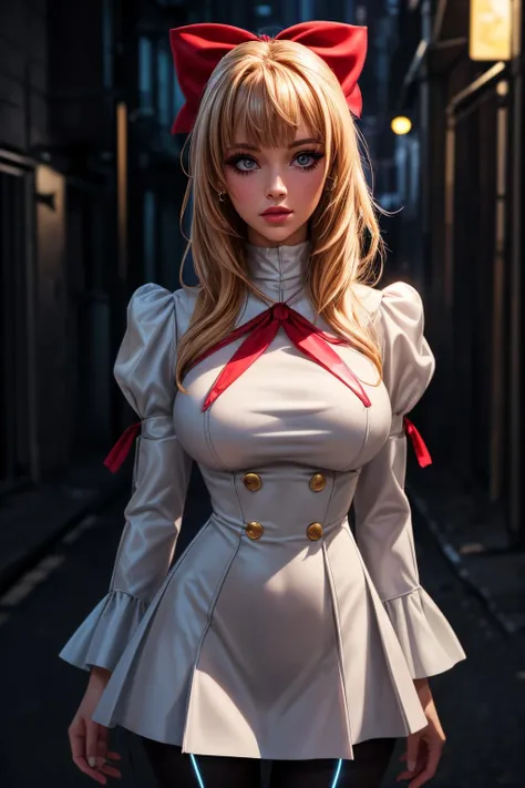 (ultra realistic,32k,RAW photo:1.1),(high detailed skin:1.1), 8k uhd, dslr, high quality, film grain, (makeup, mascara:1.1), lips,(thick\lips\),
(shiny glossy translucent clothing:1.1), <lora:KurusugawaHimeko:0.7>red hair bow, half updo, red school uniform, white juliet sleeves, black pantyhose, boots,, <lora:add_detail:0.97>, huge breast, (upper body:1.2),
Spinning with dress flared out,
(busty:1.1) , (chubby:0.1),(glow in the dark:1.2),<lora:LowRA:0.4>, dark theme, cybernetic alley, augmentation clinics, body modification parlors, underground cybernetics markets, neon-infused backstreets