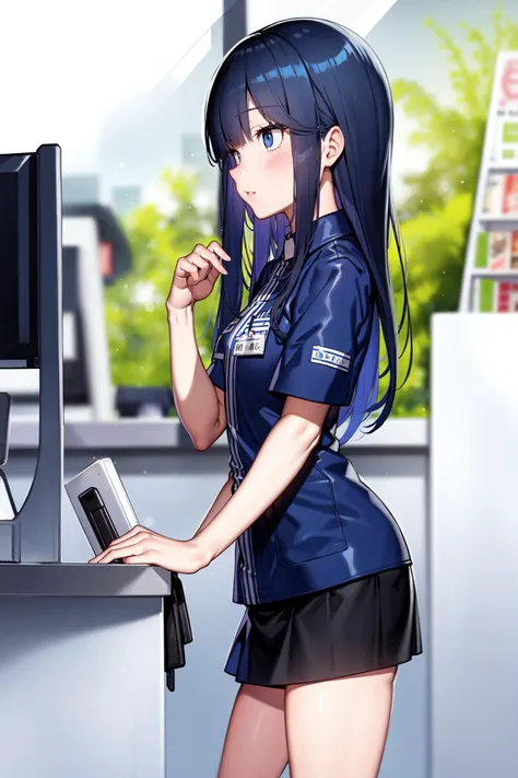<lora:lawson uniform_Loha:0.7>, lawson uniform, 1girl, solo, employee uniform, uniform, shirt, name tag, short sleeves, striped shirt, striped, vertical-striped shirt, blue shirt, vertical stripes, alternate costume, convenience store, from side,