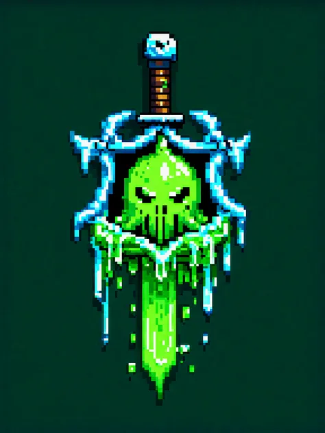 pixel art, cartoon illustration, toxic slime green shield, toxic goo, dripping, green color, simple black background, game icon <lora:game_icon_diablo_style_SDXL:0.6> <lora:pixel-art-sdxl-v11:0.8>