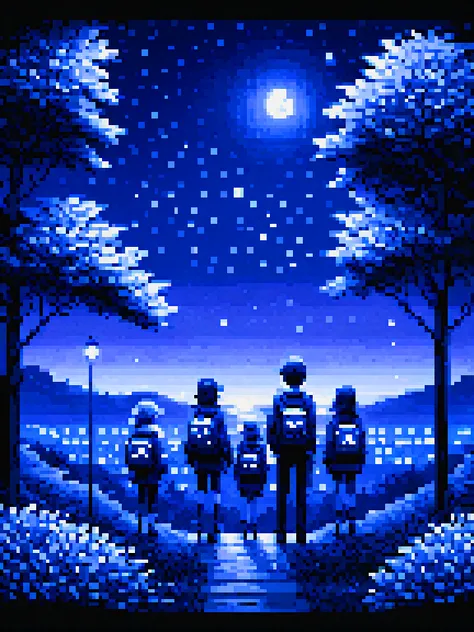 yamer_pixel_fusion, shirt, nature, 2boys, night sky, bush, long sleeves, city, night, multiple girls, looking at viewer, monochrome, <lora:Pixel_Fusion_LORA:1>