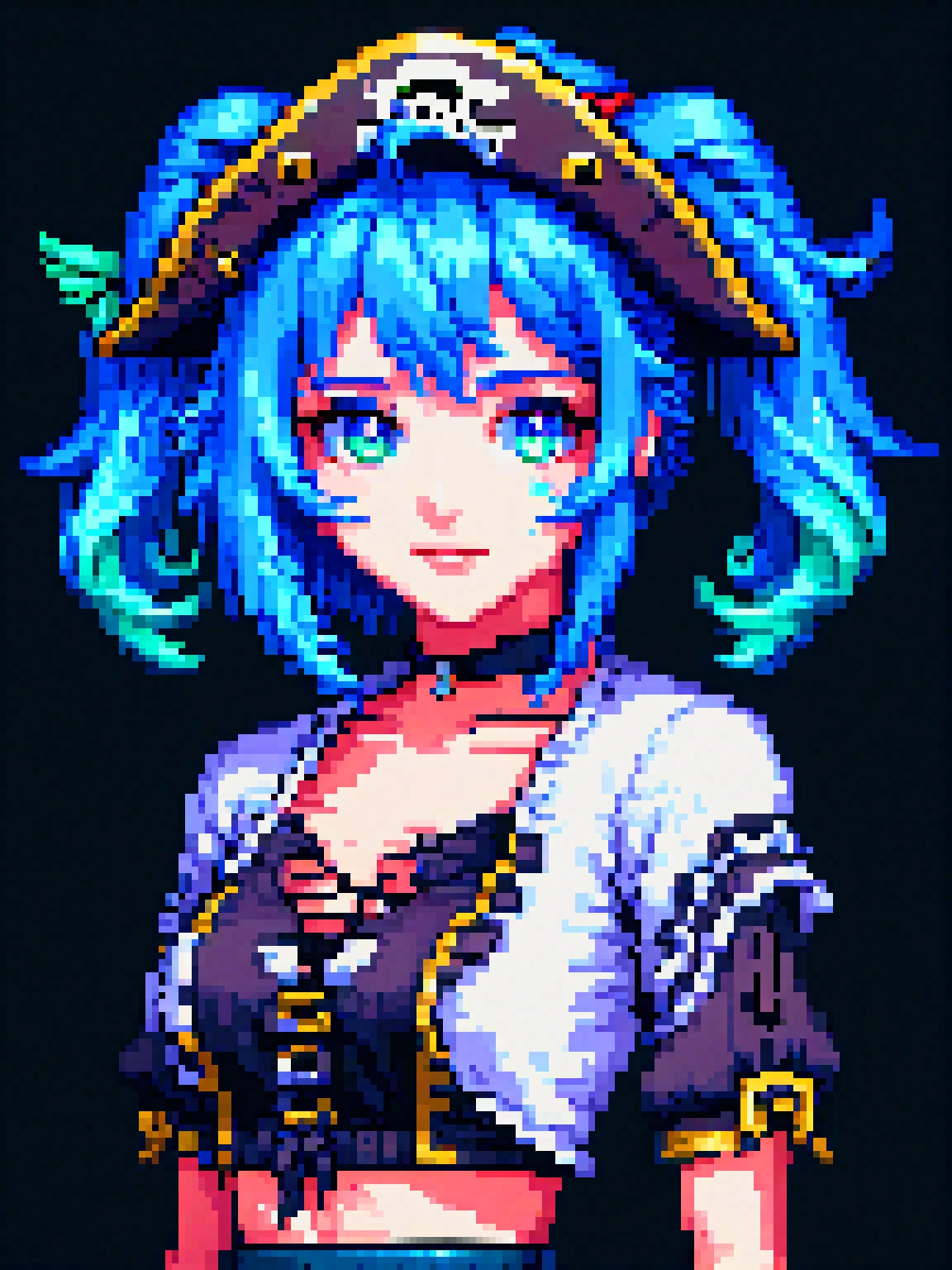 yamer_pixel_fusion, pixel art, best quality, (girl), beautiful detailed eyes, looking at viewer, upper body, blue hair, shy, cat ears, very detailed, high resolution, sharp, sharp image, 64 bit game style, shirt, houshou marine, solo, heterochromia, pirate hat, twin tails, black background, seductive smile, <lora:Pixel_Fusion_LORA:1>