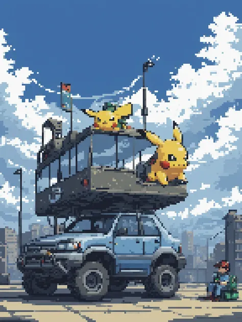 yamer_pixel_fusion, pokemon (creature), 1other, ground vehicle, 2boys, cloudy sky, city, cloud, blue sky, sky, indoors, chair, <lora:Pixel_Fusion_LORA:1>
