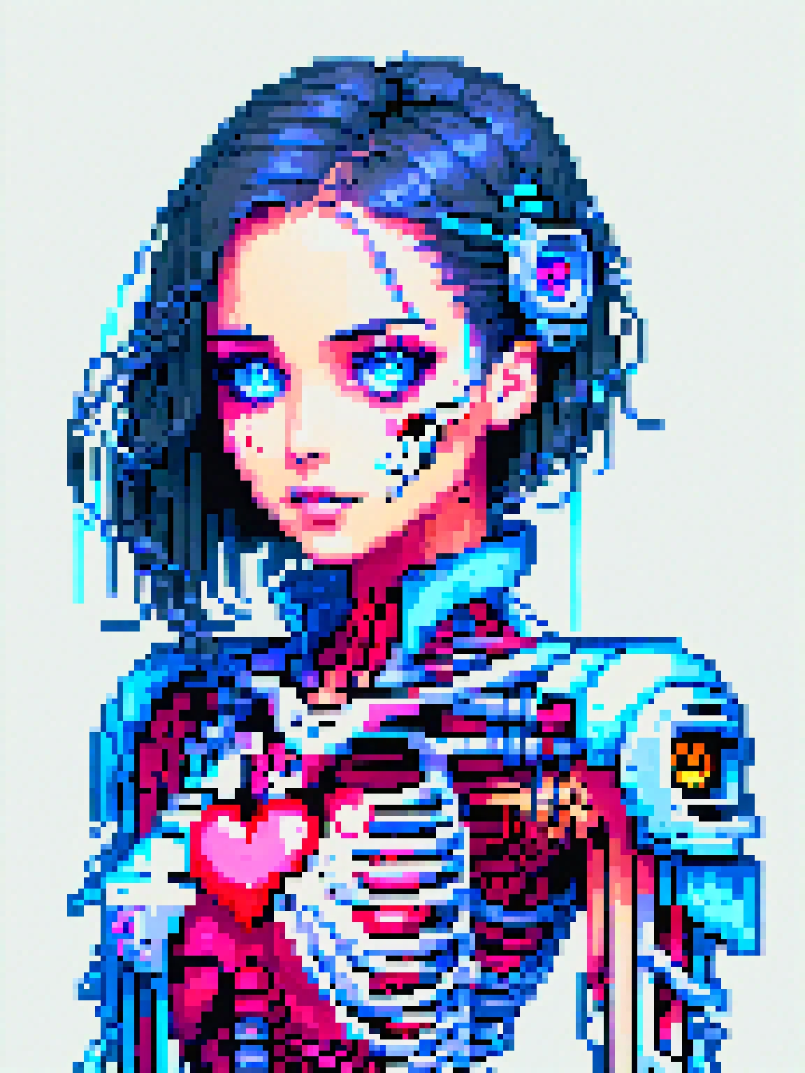 yamer_pixel_fusion, Masterpiece, illustration, 8K wallpaper, super detailed, portrait,(full body), ((damaged)), dissection, cyberpunk, (1 girl:1.5), (solo), (Machine Skeleton), black hair, Medium breasts, Beautiful detailed blue eyes, (Mechanical (heart)), (Wire), (Transmission tube), (white background: 1.8), mecha Machine Skeleton, natural light, light tracing, <lora:Pixel_Fusion_LORA:1>
