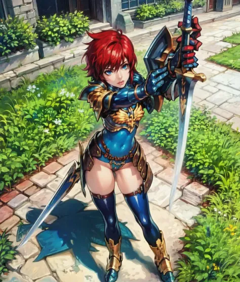 masterpiece, anime screencap, 1 girl, solo, red hair, short hair, blue bodysuit, thighhighs, armor, greaves, gauntlets, eagle union \(emblem\), full body, giant sword, fighting, seen from above, outdoors, castle, cowboy shot  <lora:Isabel:1>