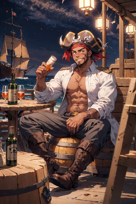 best hands ,Best quality,(masterpiece:1.1576),(ultra detailed 8k art:1.05),(Pirates,dark skin:1.25),wide Shot,night, lantern, dim, shadow,sitting,(focus male captain,blue eyes),(Buzz cut:0.8), public, evil smile, (on the deck,pirate ship) BREAK
western,(banquet,multiple male:1.25),ships, crew, dirty clothes, tattoos, old wounds,Sailors working,beard,heavy drinker, drunkard, liquor bottle,front open shirt, blush,boots,Rolling liquor bottles, clutter,Captain hat placed on a barrel,shoulder to shoulder,long pants
<lora:boldline:-0.25><lora:add_detail:0.1> <lora:flatBG:-0.15> <lora:people_count_slider_v1:1>