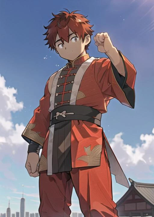 anime:1.3, 1boy, male focus, ((-yeld-boy4), <lora:stark_sousou_no_frieren:0.5> stark_sousou_no_frieren, hair between eyes, red Sanpakugan eyes), muscular:1.3, (barefoots:1.2 + five-toes), ((chinese clothes + open clothes)), happy, male focus:1.2, standing, outdoors,(tiny city:1.3 <lora:GTSv4:0.5>, tiny cityscape, giant <lora:giantessConcept_20:0.5>), ((masterpiece)), best quality, <lora:AIboy-10:0.7> aiboy