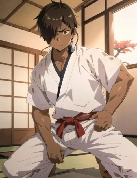 anime:1.3, (11-years-young-boy:1.3),(ikezawa_kazuma:1.2 + summer wars, <lora:ikezawa-000012:0.9> ikezawa, 1boy, brown hair, brown eyes, dark skin, hair over one eye, headphones, dark-skinned male), male focus, (scared), ((white-judogi)), (white long pants), fighting stance, ((japanese otaku room)), masterpiece, best quality,