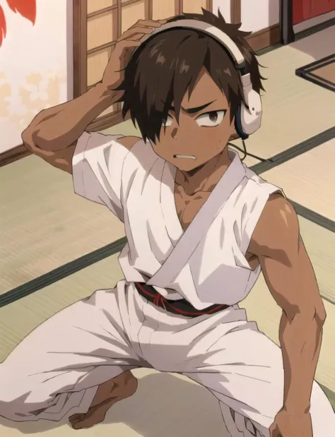 anime:1.3, (-yeoung-b3),(ikezawa_kazuma:1.2 + summer wars, <lora:ikezawa-000012:0.9> ikezawa, 1boy, brown hair, brown eyes, dark skin, hair over one eye, headphones, dark-skinned male), male focus, (scared), ((white-judogi)), (white long pants), fighting stance, ((japanese otaku room)), masterpiece, best quality,