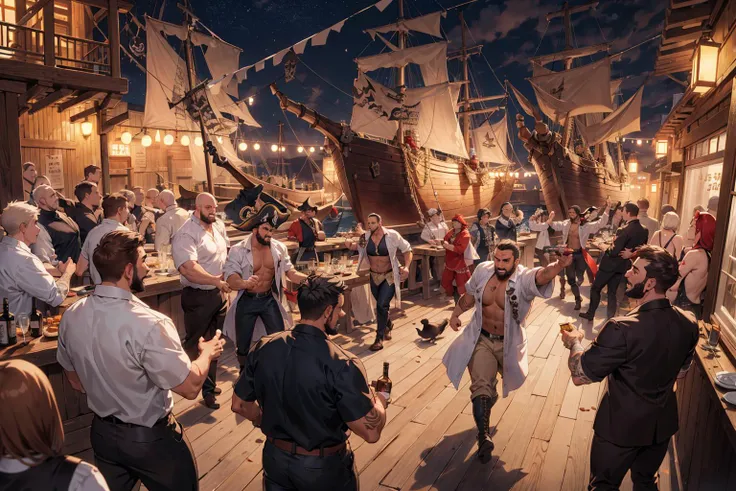 From above,wide Shot,best hands,Best quality,(masterpiece:1.1576),(ultra detailed 8k art:1.05),(crew member,Pirates,dark skin,middle age,bar:1.25),night, lantern, dim, shadow,(5 male:1.4),focus 2 male,(Buzz cut:0.8), public, (on the deck,pirate ship),Lively, fun,Laughter,smile BREAK
western,(banquet,crowd,port town:1.25),ships, crew, dirty clothes, tattoos, old wounds,beard,drunkard, liquor bottle,front open shirt, blush,boots,Rolling liquor bottles, clutter,long pants,(multiple chickens),male dancing, male drinking alcohol
<lora:boldline:-0.25><lora:frat2:-0.1> <lora:flatBG:-0.15> <lora:age_slider_v6:1> <lora:people_count_slider_v1:1.5>