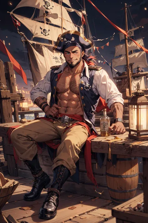 best hands ,Best quality,(masterpiece:1.1576),(ultra detailed 8k art:1.05),(Pirates,dark skin:1.25),wide Shot,night, lantern, dim, shadow,sitting,(1 male captain and multiple male:1.4),(Buzz cut:0.8), public, evil smile, (on the deck,pirate ship,blue eyes) BREAK
western,(banquet:1.25),ships, crew, dirty clothes, tattoos, old wounds,Sailors working,beard,heavy drinker, drunkard, liquor bottle,front open shirt, blush,boots,Rolling liquor bottles, clutter,Captain hat placed on a barrel,shoulder to shoulder,long pants
<lora:boldline:-0.25><lora:add_detail:0.1> <lora:flatBG:-0.15> <lora:people_count_slider_v1:1.5>