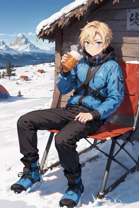 wide Shot,(best hands),best quality,(masterpiece:1.1576), (ultra detailed 8k art:1.05),2 
 male, (blond hair male and black hair male),From above,(drink metal mug, beer,sitting in camping chair,cobalt blue eyes), (focus face:0.8),angelic smile,steam,outdoor,looking the viewer,Climbing clothes, long sleeves ,(Mountain hut:1.2),  Climbing long pants, climbing boots,many climbers BREAK
 close-up face,spring, Campfire, top of the mountain,(Arctic Fox walking in the distance),cold,Sense of accomplishment, exhilaration,adventure