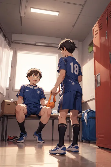 wide Shot,(best hands),best quality,(masterpiece:1.1576), (ultra detailed 8k art:1.05),Soccer team, locker room,smile,focus 1boy, (multiple boys:1.5), after school, soccer wear, sports shoes, chatting,club activities,Youth,Boy sitting on bench, window, sunset, curtains,Cardboard boxes stacked up, sports bags on the floor BREAK
Open locker, clothes on hangers inside the open locker,A boy standing and talking, a boy looking back, naughty, grin,boy tying shoelaces, open mouth,(petite:0.6)