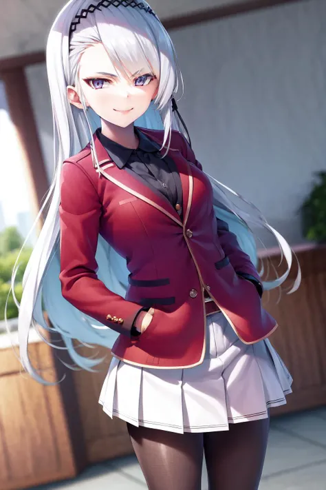 masterpiece, best quality, highres, 1girl fuka kiryuin asymmetrical bangs, white skirt black pantyhose <lora:fuka_kiryuin:1> smile, standing, hands in pocket