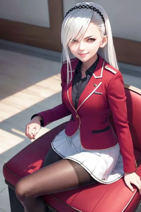 masterpiece, best quality, highres, 1girl fuka kiryuin asymmetrical bangs, white skirt black pantyhose <lora:fuka_kiryuin:1> smile, sitting on chair, (photorealistic:1.2)