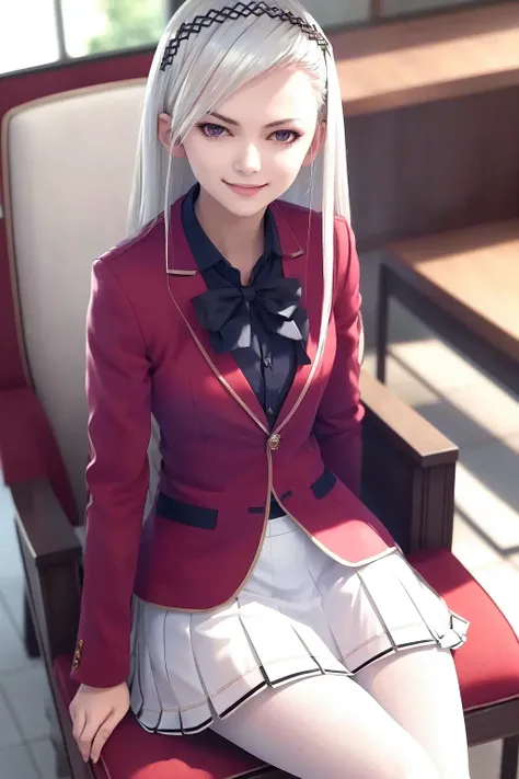 masterpiece, best quality, highres, 1girl fuka kiryuin asymmetrical bangs, white skirt black pantyhose <lora:fuka_kiryuin:1> smile, sitting on chair, (photorealistic:1.2)