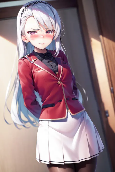 masterpiece, best quality, highres, 1girl fuka kiryuin asymmetrical bangs, white skirt black pantyhose <lora:fuka_kiryuin:1> smile, (nervous, blush, looking to the side:1.6), standing, lening forward, arms behind back