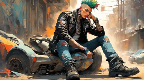 (best quality, masterpiece, perfect tired face, beautiful and aesthetic:1.2, colorful, dynamic angle, highest detailed face), award wining professional of An avant-garde artistic illustration depicts a futuristic marginal punk man with a lean, skinny frame, shaved temples, and a high steep crest on his head. He sports a weathered leather jacket, tight torn denim jeans, and biker's dirty old boots, exuding a rebellious aura as he nonchalantly smokes a cigarette. dystopian street, with a fire camp flickering nearby. (high contrast, official art, extreme detailed, highest detailed)