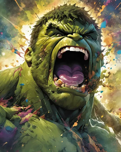 1man, disintegrating into color splotches, screaming, Marvel Hulk, ink splashes, poster, high concept, masterpiece, (headshot:1.2), fractal, disintegration, best quality, intricate details, bloom, glow, 35mm, 16K UHD