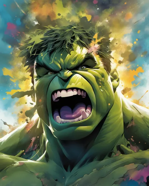 1man, disintegrating into color splotches, screaming, Marvel Hulk, ink splashes, poster, high concept, masterpiece, (headshot:1.2), fractal, disintegration, best quality, intricate details, bloom, glow, 35mm, 16K UHD