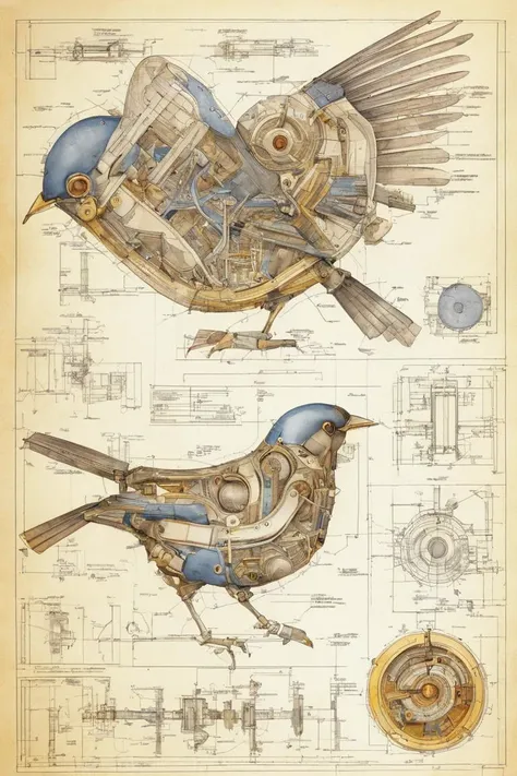 complex circuit diagram of the internal workings of a bird; scientific schematic; watercolor, concept graph paper, blueprint design study, accurate mechanical features, schematic engineering illustration by head of prompt engineering