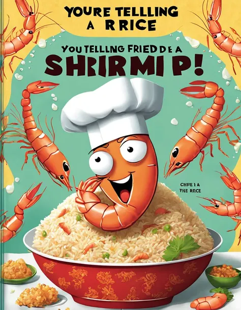 A cookbook titled "YOU'RE TELLING ME A SHRIMP FRIED THIS RICE", book cover, cartoon shrimp in chef hat