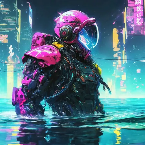 anime, a man with a helmet on standing in the water , cyberpunk, cyberpunk art, retrofuturism
