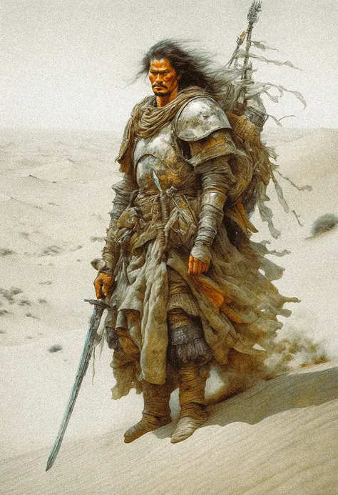 Drawing inspiration from modern masters like Yoshitaka Amano,Range Murata,Katsuya Terada, Timeless Vigil: At the edge of a vast desert, soldiers stand as ageless sentinels. Sand dunes shift to reveal ancient armors and weapons from wars of bygone eras, and the wind carries whispers of battles fought under the same relentless sun., soft ambient lighting, vibrant colors