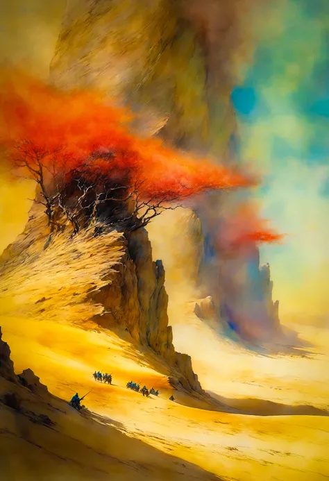 Drawing inspiration from modern masters like Yoshitaka Amano, Timeless Vigil: At the edge of a vast desert, soldiers stand as ageless sentinels. Sand dunes shift to reveal ancient armors and weapons from wars of bygone eras, and the wind carries whispers of battles fought under the same relentless sun., soft ambient lighting, vibrant colors,deep digital painting layers,fluid watercolor techniques