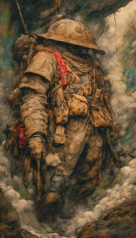 Drawing inspiration from modern masters like Katsuya Terada,Yoshitaka Amano,Range Murata, the artwork should encapsulate As unyielding rain turns into shimmering medals and handwritten notes, soldiers find shelter in the trenches, their expressions a mix of resilience and nostalgia, their uniforms soaking with both water and memories. while emphasizing elements of deep digital painting layers