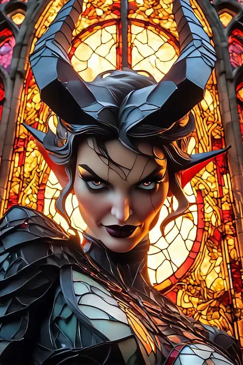 stained glass depicting female demon with two horns on her head standing inside a cathedral (widely stretching hands:1.2), closeup, whiteface, gothic makeup, black lipstick, black clothes, shattered glass, high dynamic rate, key visual, highly detailed, detailed, realistic, 8k uhd, high quality