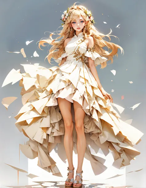 illustration of a beautiful girl in a short flowing dress, fullbody, white background with complex broken structures, anime style, niji,