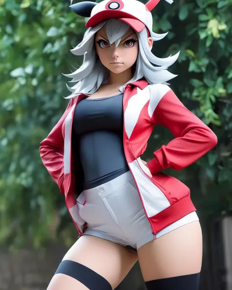 1girl,beautiful,cute face,standing, (Best quality:1), (masterpiece:1), (highly detailed:1),  female protagonist \(pokemon go\) \(cosplay\),  ,sports jacket, bursting breasts, sexy body,thighhighs,full body, gradient background, 3dcg,