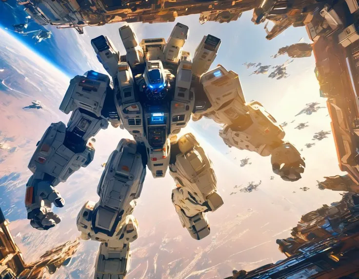 wani wani panic, dynamic angle,
Full body, Mech suit pilot dynamic pose, firm stance, clenched fists, 25yo man stubble, terrified facial expression, background massive bay window in space station, megastructure, brilliant detailed space scene, (Tiny details, micro details, Raytraced lighting, caustics),