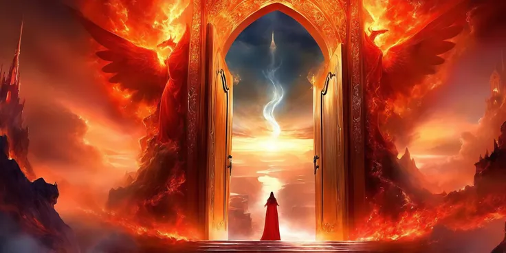 HDR,UHD,8K,best quality,masterpiece,Highly detailed,ultra-fine painting,physically-based rendering,extreme detail description,Vivid Colors,
ethereal fantasy concept art of ((Left and right composition)),
(The left side of the picture shows hell,the right side shows heaven,and there is a door in the middle),On the side of heaven,there is a beautiful scene with a sea of clouds and sparkling sunlight. In the distance,we can see some angels flying. On the other hand,the side of hell is a gloomy and terrifying scene with red flames and black smoke. In the distance,we can see some demons mocking the souls imprisoned in hell.,
,magnificent,celestial,ethereal,painterly,epic,majestic,magical,fantasy art,cover art,dreamy,
