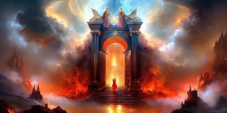 HDR,UHD,8K,best quality,masterpiece,Highly detailed,ultra-fine painting,physically-based rendering,extreme detail description,Vivid Colors,
ethereal fantasy concept art of ((Left and right composition)),
(The left side of the picture shows hell,the right side shows heaven,and there is a door in the middle),On the side of heaven,there is a beautiful scene with a sea of clouds and sparkling sunlight. In the distance,we can see some angels flying. On the other hand,the side of hell is a gloomy and terrifying scene with red flames and black smoke. In the distance,we can see some demons mocking the souls imprisoned in hell.,
,magnificent,celestial,ethereal,painterly,epic,majestic,magical,fantasy art,cover art,dreamy,