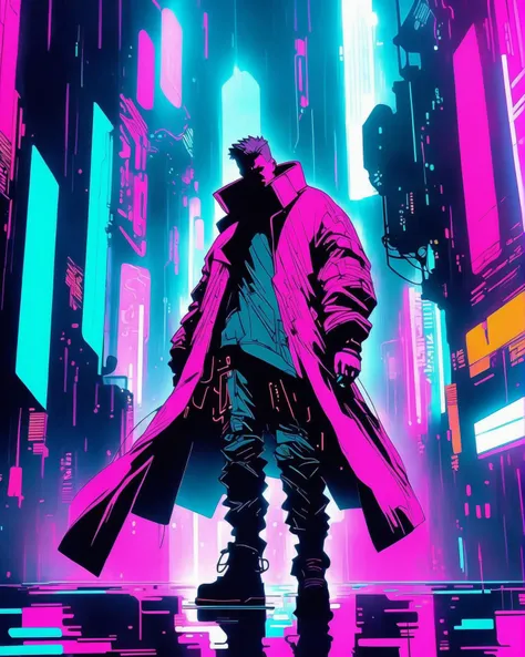 A blade runner in a futuristic night city under heavy rain, pink and cyan neon lights, cyberpunk, anime style, manga, masterpiece