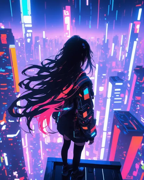 girl looking at the streets, standing on a rooftop, futuristic city, scifi, long dark hair, slim, cute, waifu, cinematic, japanese, neon lights