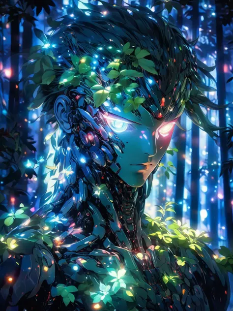 anime artwork high detailed professional upper body photo of a transparent porcelain android looking at viewer,with glowing backlit panels,anatomical plants,dark forest,night,darkness,grainy,shiny,intricate plant details,with vibrant colors,colorful plumage,bold colors,flora,contrasting shadows,realistic,photographic, . anime style, key visual, vibrant, studio anime, highly detailed