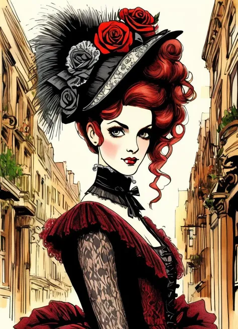 (VictorianPunk:1.5),2D,drawing,master piece, best quality,
1girl, red hair, long hair, looking at viewer, baroco dress, roses,detailed background,Enchanting, An exaggerated hat