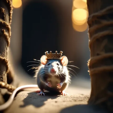 shot from behind,an adventure of rat wearing a medieval royal crown,
(in a narrow tube:1.5 ),
best quality, 8k, intricate details, depth of field, (analogue photography:1.25), (soft lighting:1.3), (shadow play:1.4),