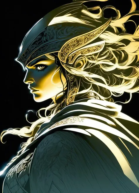 dark fantasy, lineart, monochrome, high contrast, black background,master piece, best quality, detailed,
a female warrior , long hair, perfect face, wearing detailed robes cape cleavage, glowing sword,