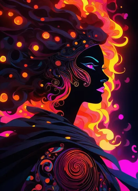 psychedelic, fantasy, intricate details, very bright neon colors, vantablack background, pointellism, swirls, pareidolia, melting, symbolism, high contrast,soft edge, chiaroscuro,master piece, best quality,
a witch , long hair, perfect face, full body, wearing detailed robes cape cleavage, 
