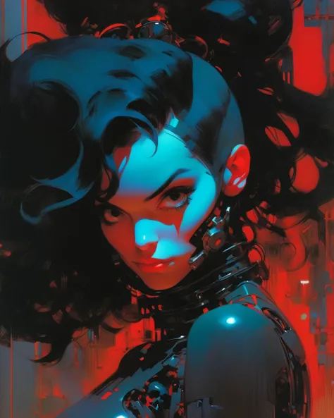 1 demon girl with mechanical arms, red turtle neck tight, long black hair, tubes, skulls, by niji, Alex Maleev Ilya Kuvshinov
