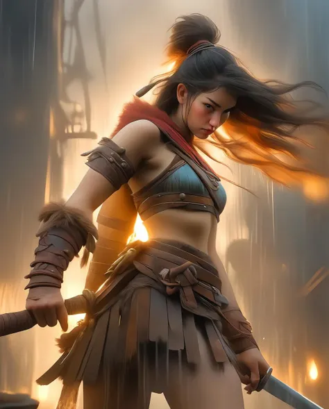 Beautiful warrior, pre-Hispanic, in the middle of a battle