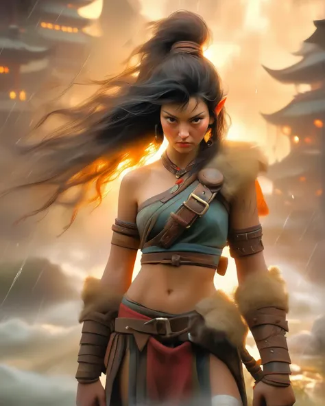 Guerreiro tribal, skinwalker, indigena, homem com pele de lobo, dark backdrop, noite, lua cheia, pinturas na pele, tatuagens tribais, pele morena, feathers on head, cabelo longo, homem, arco e flecha, arte para jogo de TCG, RPG, D&D, Duugeons & Dragons, estilizado, realista, epic fantasy art, Action Pose, corpo inteiro, arte obscura.